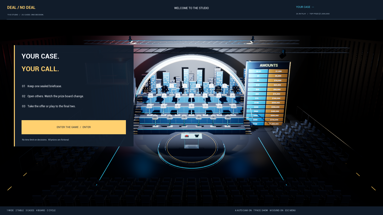 Deal or No Deal playable studio welcome screen with briefcases and prize board